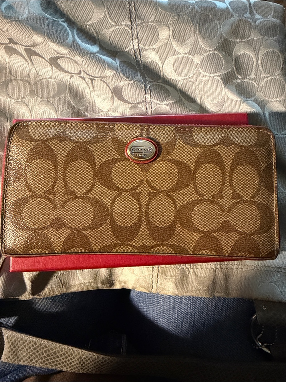 Coach Brown Signature Canvas Continental Wallet with Pink Trim